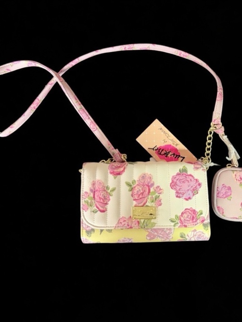 Betsey Johnson Pink and Cream Floral Quilted Crossbody with Coin Pouch
